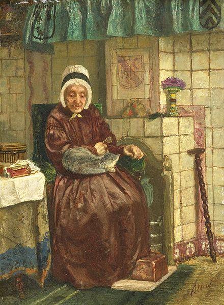 Old woman by a hearth, August Allebe